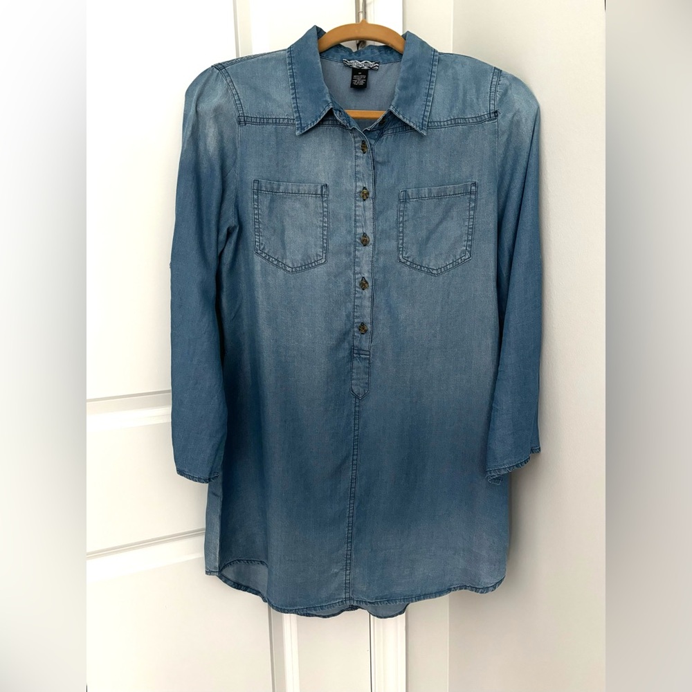 Denim Shirt Dress Tunic 100% Lyocell Soft Pockets Long Sleeve Buttons‎ Women’s M